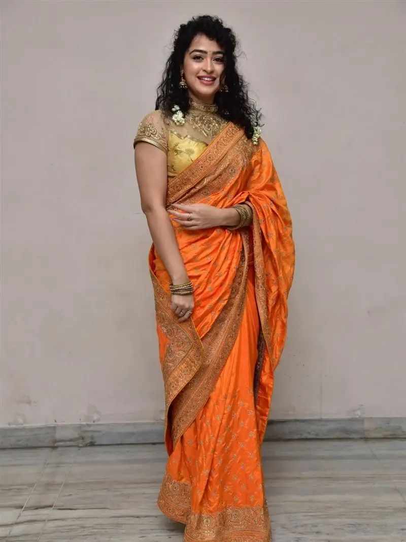 Actress Apsara Rani in Orange Saree at Talakona Movie Launch